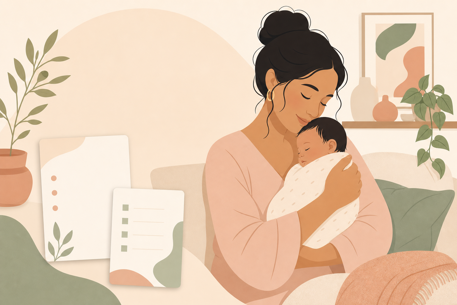 Illustration of a mother holding her newborn with calm guide cards nearby